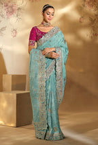 Monjolika Fashion Surpassing sky blue Embroidery Cut Dana Moti Work Ziraf Silk Saree With Heavy Work Blouse Piece - Distacart