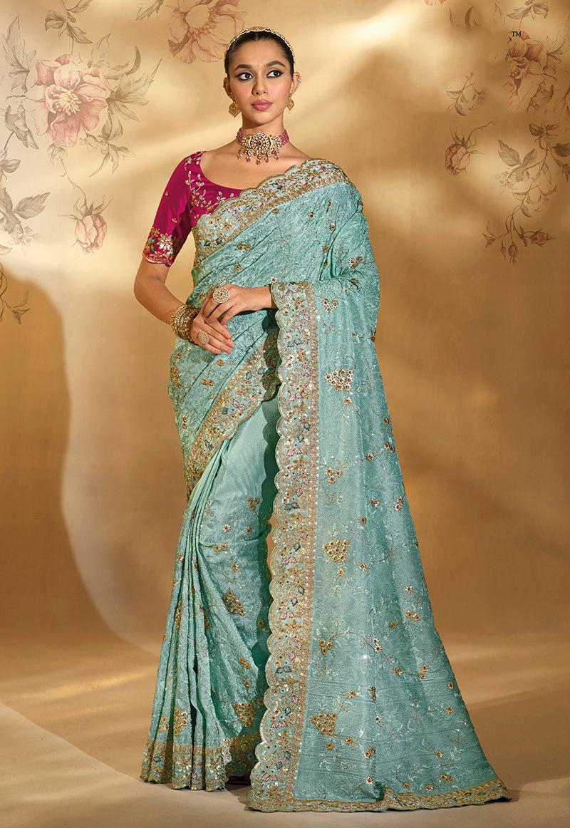 Monjolika Fashion Surpassing sky blue Embroidery Cut Dana Moti Work Ziraf Silk Saree With Heavy Work Blouse Piece - Distacart