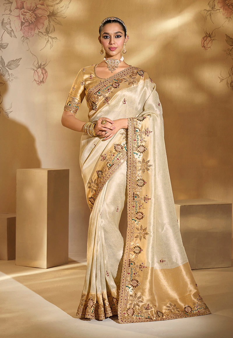 Monjolika Fashion Surpassing Cream Embroidery Cut Dana Moti Work Ziraf Silk Saree With Heavy Work Blouse Piece - Distacart