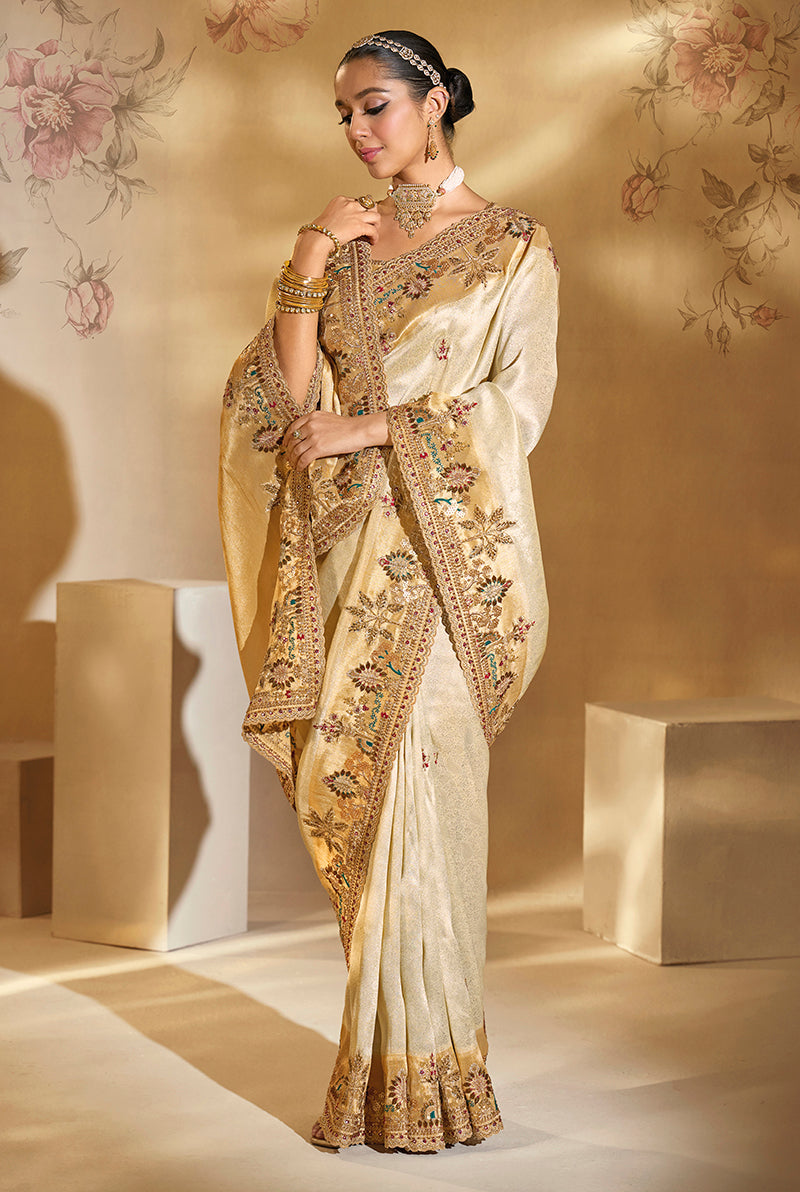 Monjolika Fashion Surpassing Cream Embroidery Cut Dana Moti Work Ziraf Silk Saree With Heavy Work Blouse Piece - Distacart