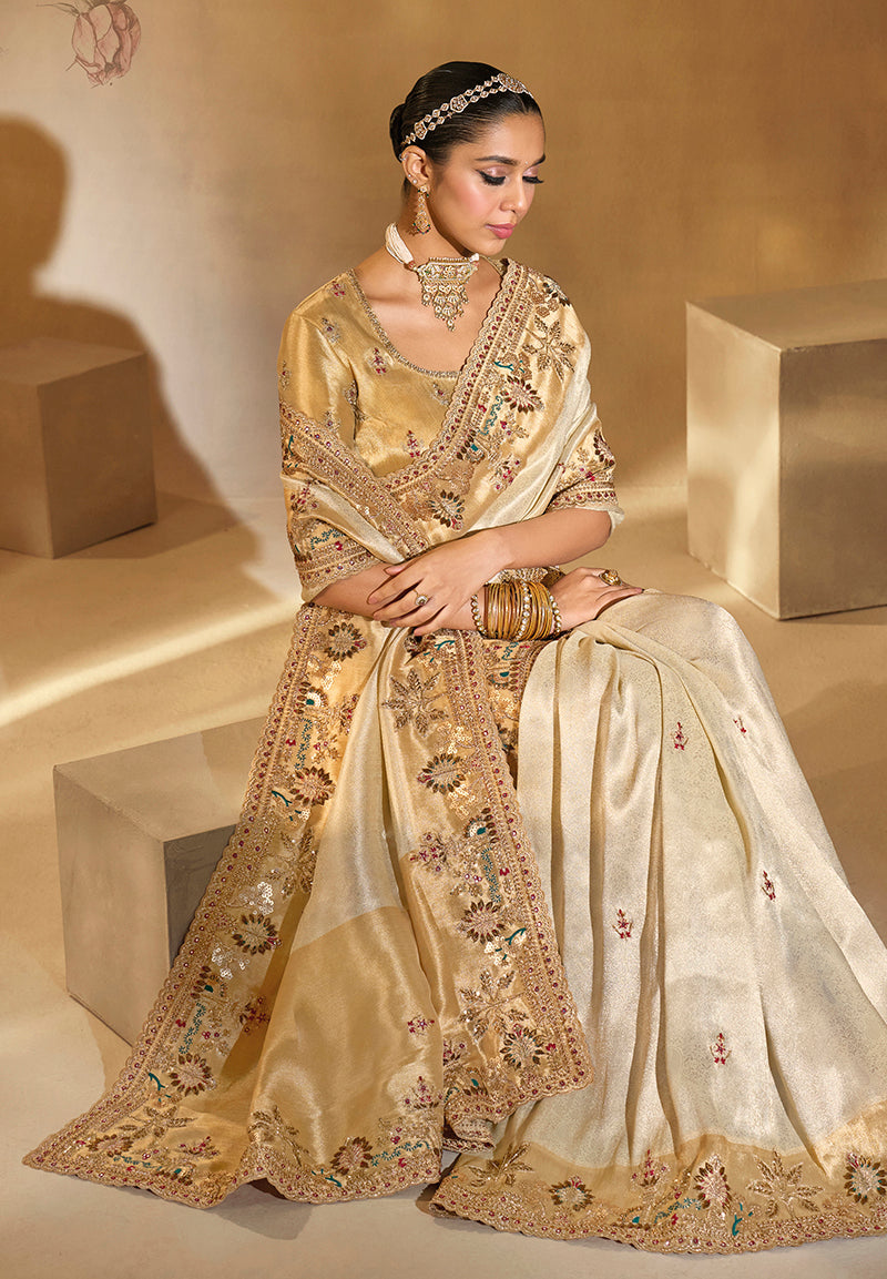 Monjolika Fashion Surpassing Cream Embroidery Cut Dana Moti Work Ziraf Silk Saree With Heavy Work Blouse Piece - Distacart