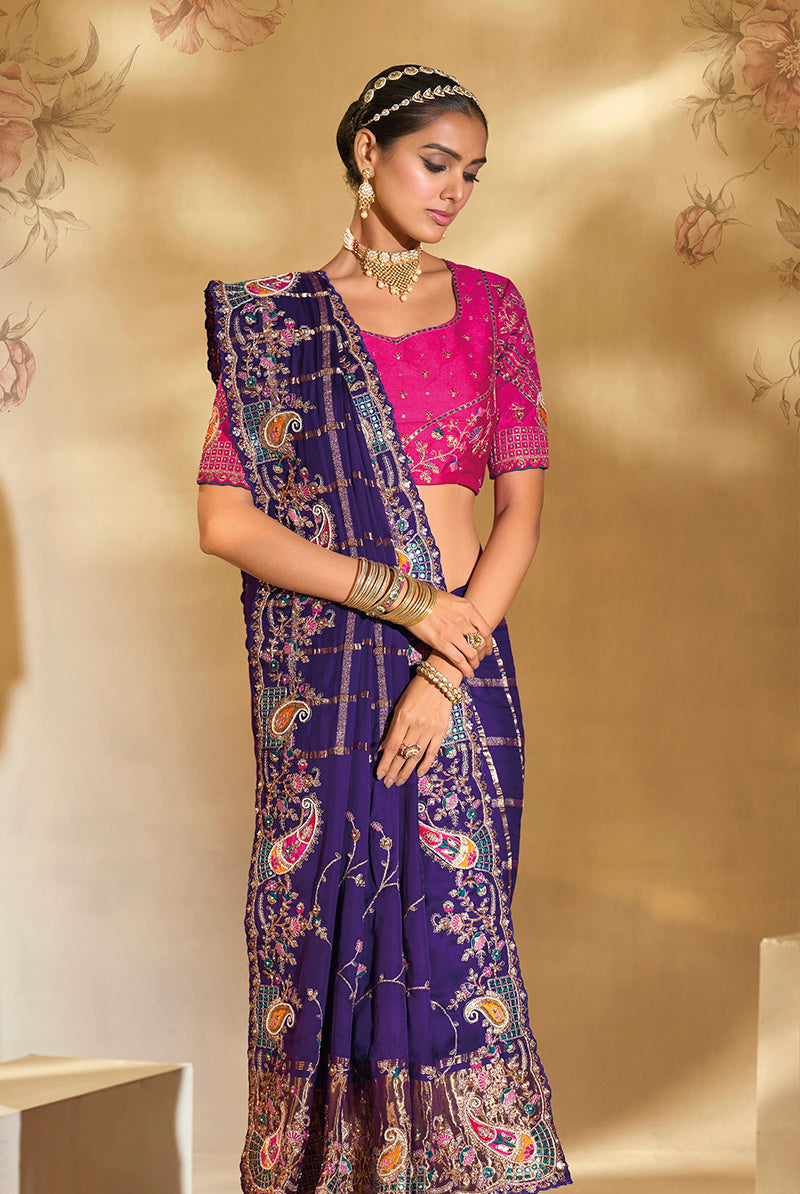 Monjolika Fashion Surpassing Purple Embroidery Cut Dana Moti Work Ziraf Silk Saree With Heavy Work Blouse Piece - Distacart