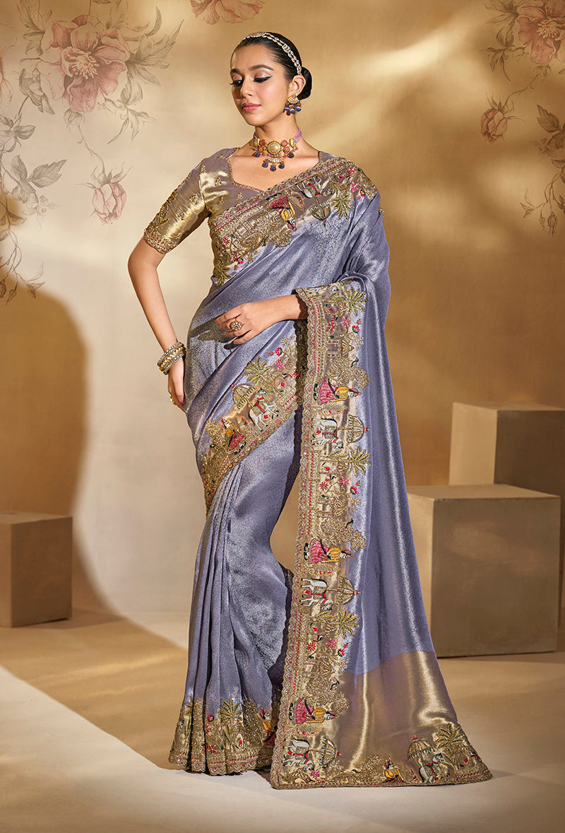 Monjolika Fashion Surpassing Lavender Embroidery Cut Dana Moti Work Ziraf Silk Saree With Heavy Work Blouse Piece - Distacart
