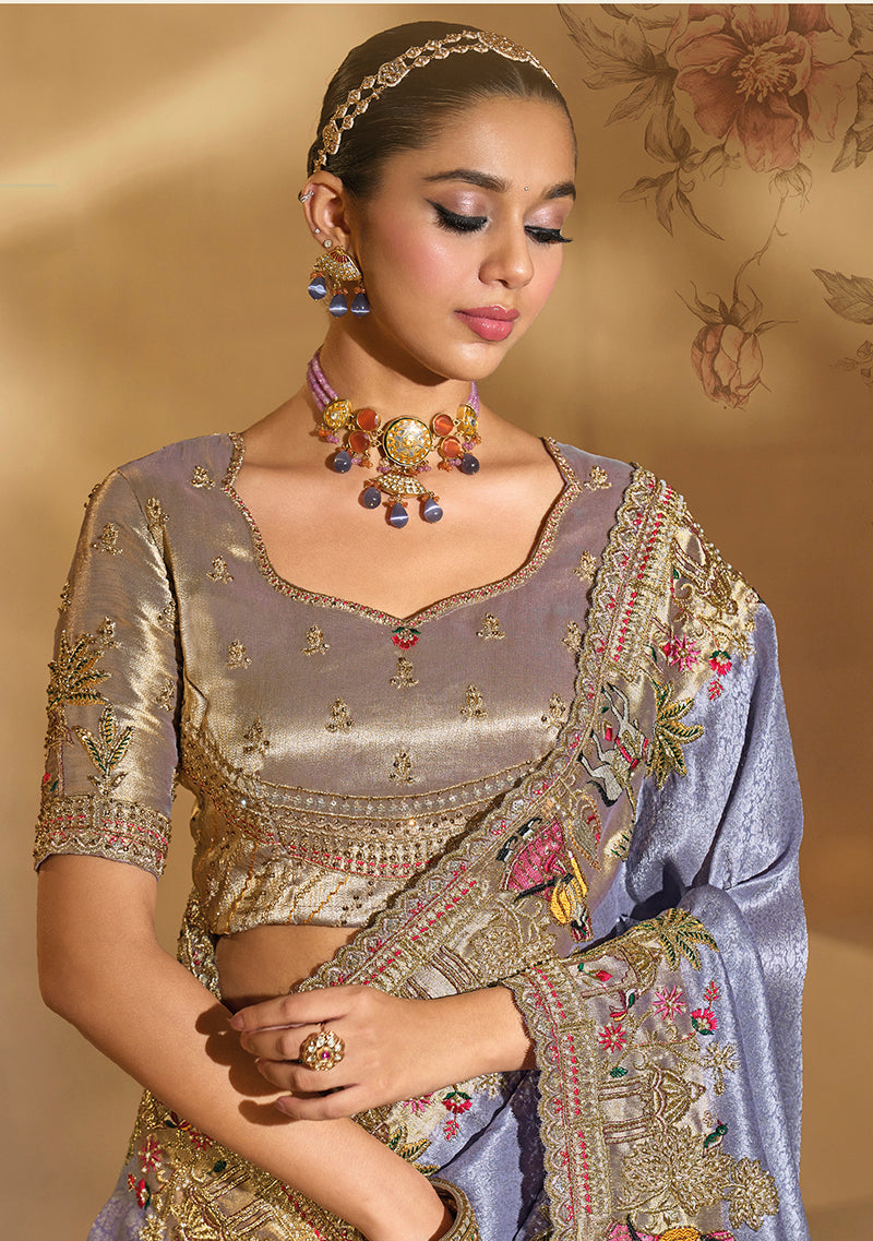 Monjolika Fashion Surpassing Lavender Embroidery Cut Dana Moti Work Ziraf Silk Saree With Heavy Work Blouse Piece - Distacart