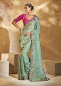 Monjolika Fashion Surpassing Sea green Embroidery Cut Dana Moti Work Kanchipuram Silk Saree - Distacart