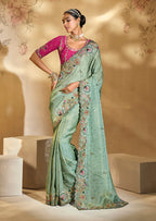 Monjolika Fashion Surpassing Sea green Embroidery Cut Dana Moti Work Kanchipuram Silk Saree - Distacart