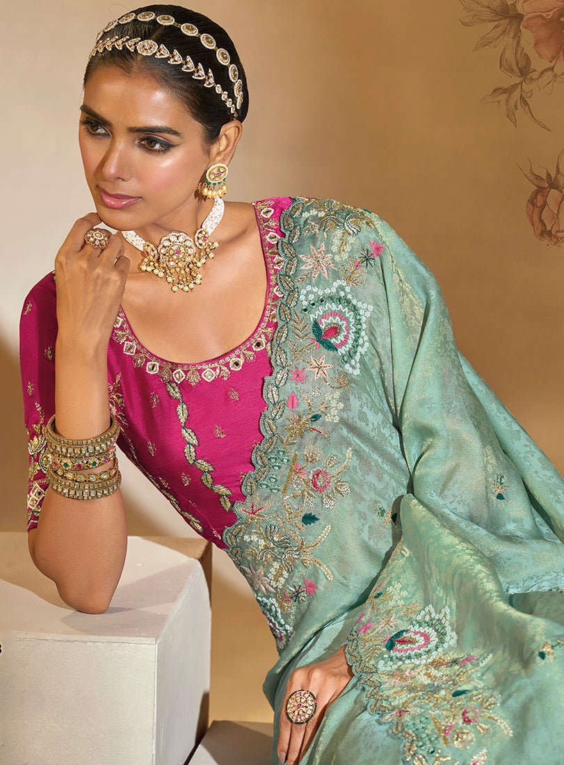 Monjolika Fashion Surpassing Sea green Embroidery Cut Dana Moti Work Kanchipuram Silk Saree - Distacart