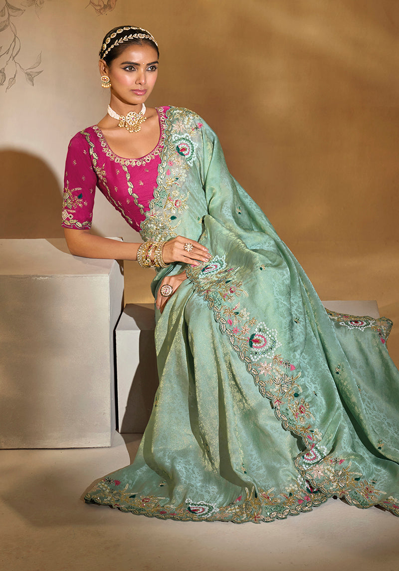 Monjolika Fashion Surpassing Sea green Embroidery Cut Dana Moti Work Kanchipuram Silk Saree - Distacart