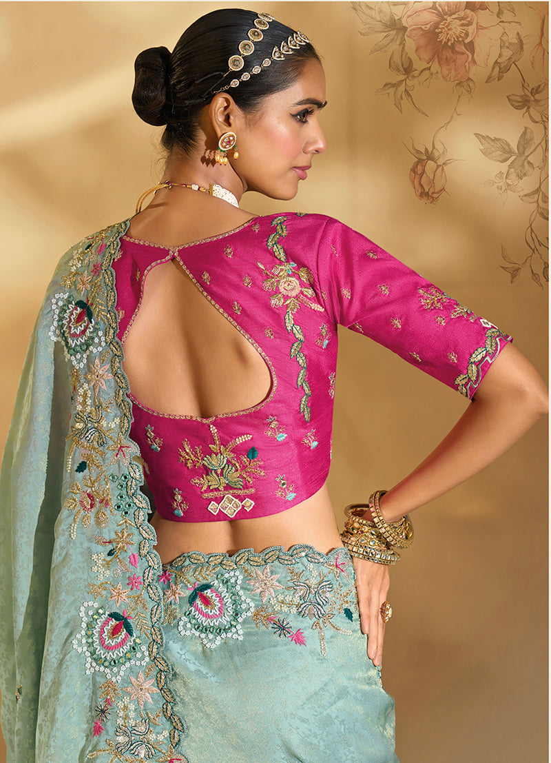 Monjolika Fashion Surpassing Sea green Embroidery Cut Dana Moti Work Kanchipuram Silk Saree - Distacart