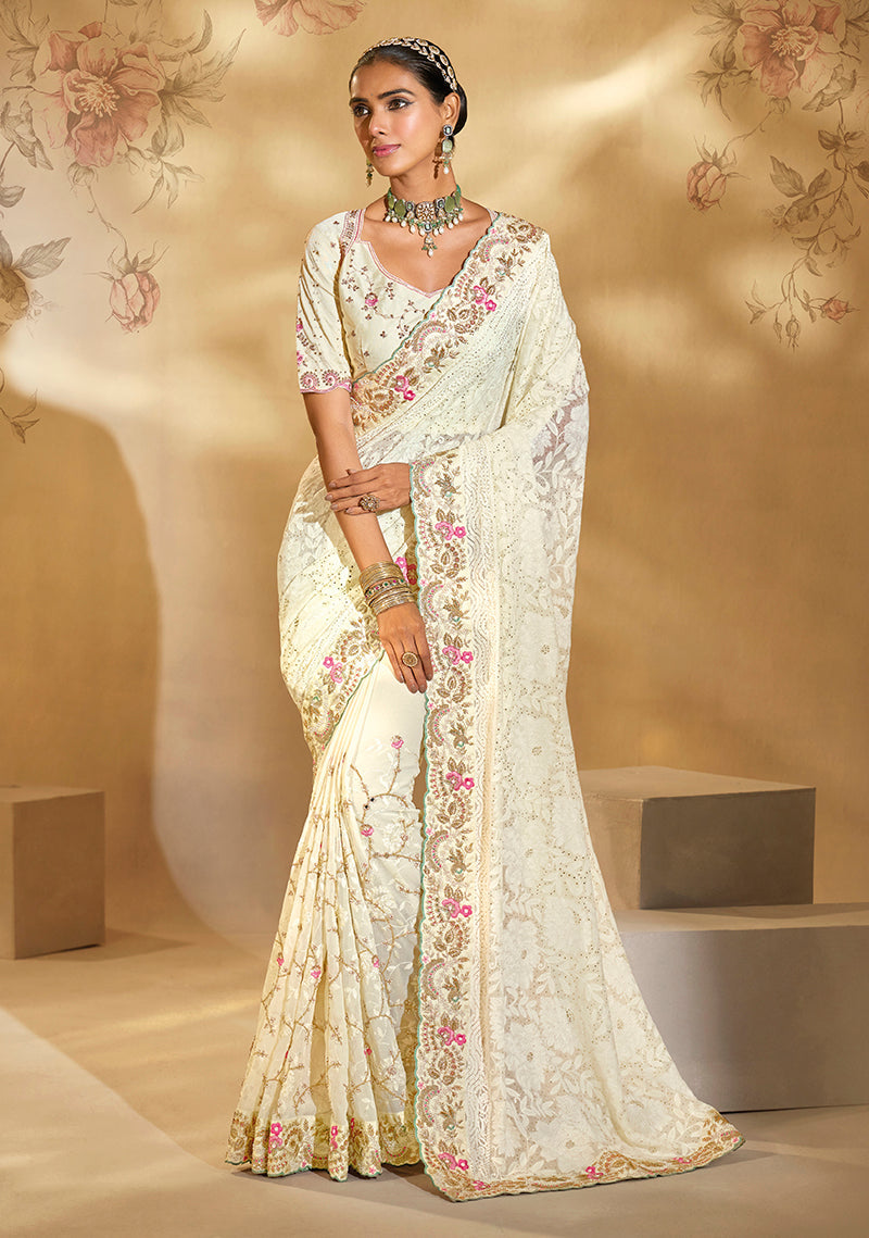 Monjolika Fashion Surpassing Off white Embroidery Cut Dana Moti Work Georgette Saree - Distacart