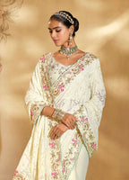 Monjolika Fashion Surpassing Off white Embroidery Cut Dana Moti Work Georgette Saree - Distacart