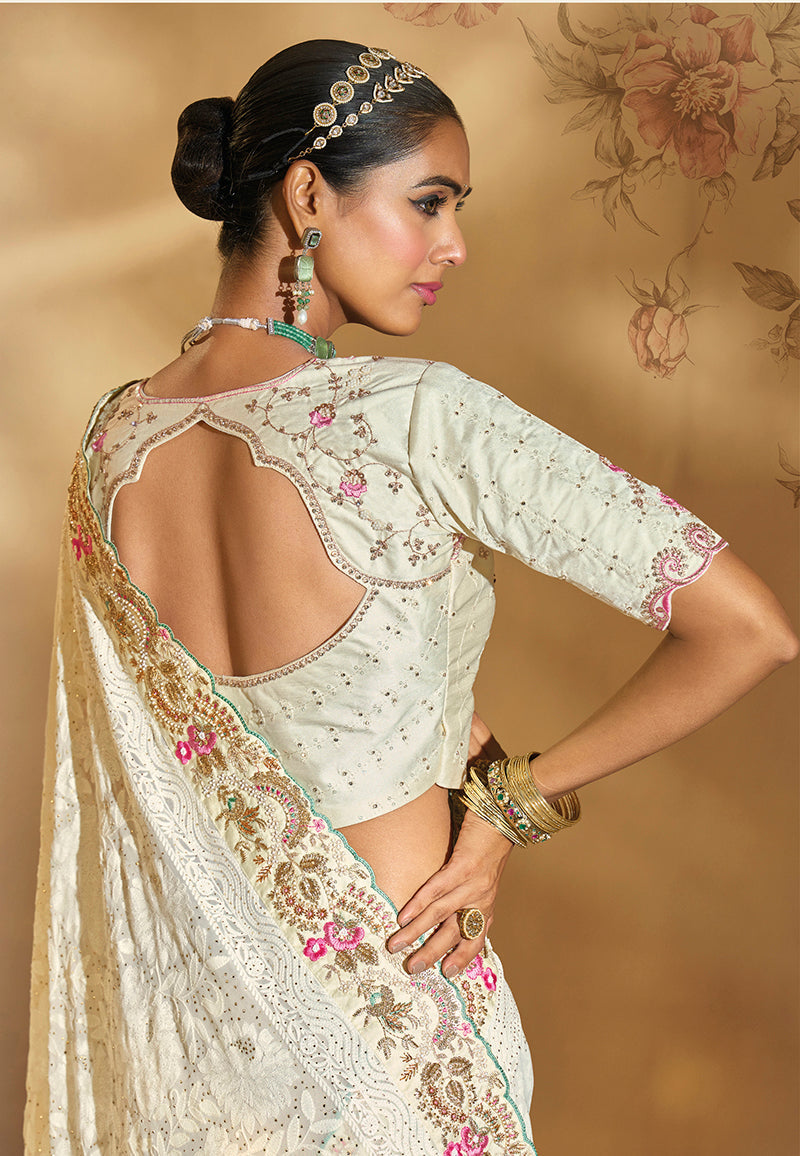 Monjolika Fashion Surpassing Off white Embroidery Cut Dana Moti Work Georgette Saree - Distacart