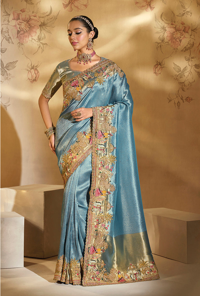Monjolika Fashion Surpassing Sky blue Embroidery Cut Dana Moti Work Ziraf Silk Saree With Heavy Work Blouse Piece - Distacart