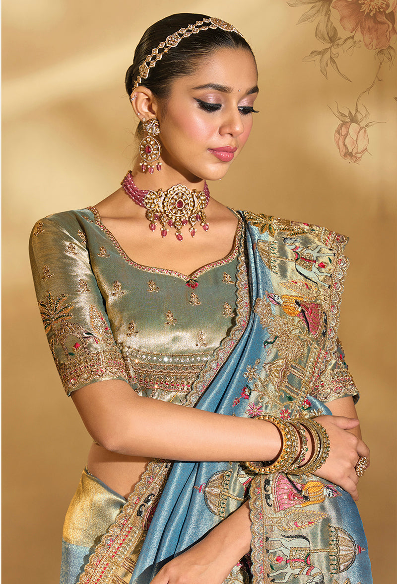 Monjolika Fashion Surpassing Sky blue Embroidery Cut Dana Moti Work Ziraf Silk Saree With Heavy Work Blouse Piece - Distacart