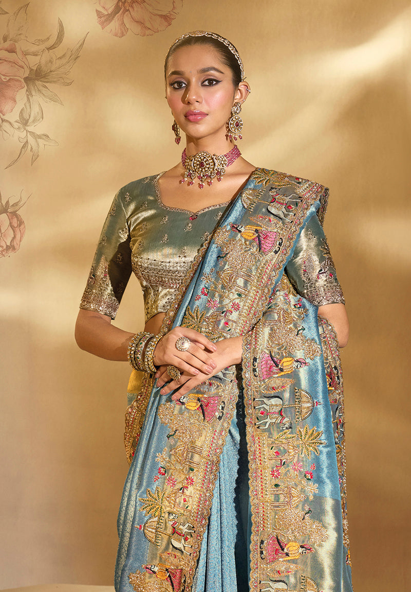 Monjolika Fashion Surpassing Sky blue Embroidery Cut Dana Moti Work Ziraf Silk Saree With Heavy Work Blouse Piece - Distacart