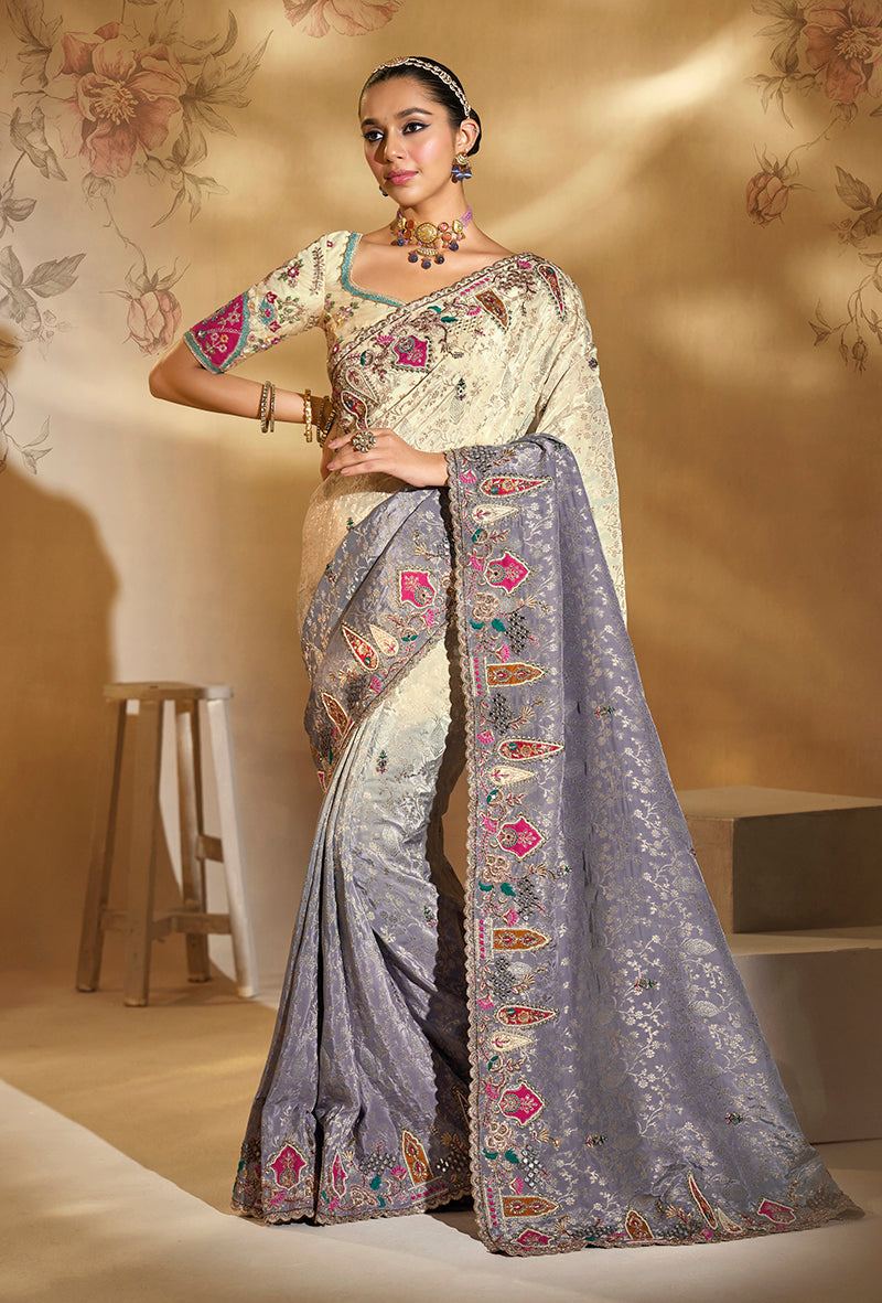 Monjolika Fashion Surpassing Multicolor Embroidery Cut Dana Moti Work Crepe Silk Saree With Heavy Work Blouse Piece - Distacart