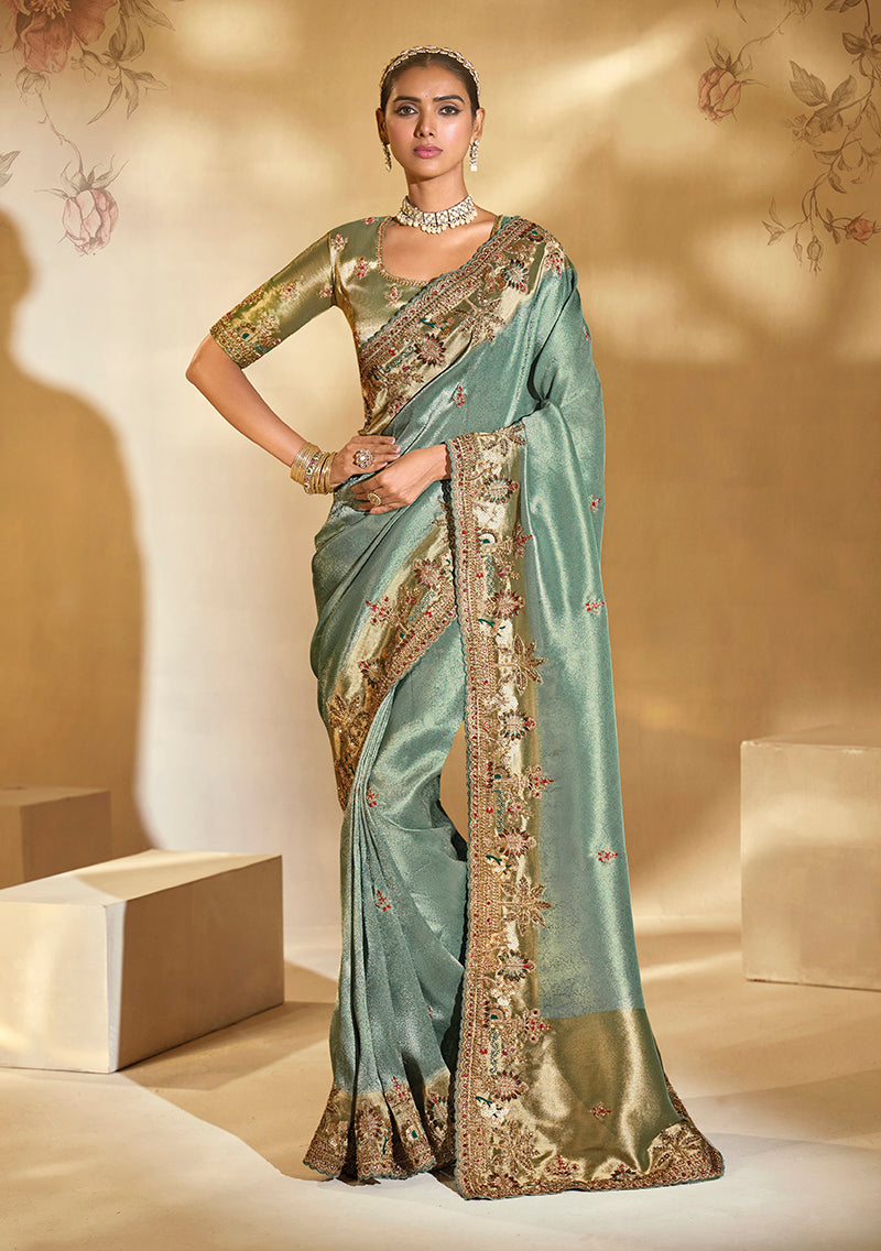 Monjolika Fashion Surpassing Sea Green Embroidery Cut Dana Moti Work Crepe Silk Saree With Heavy Work Blouse Piece - Distacart