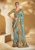 Monjolika Fashion Surpassing Sea Green Embroidery Cut Dana Moti Work Crepe Silk Saree With Heavy Work Blouse Piece - Distacart