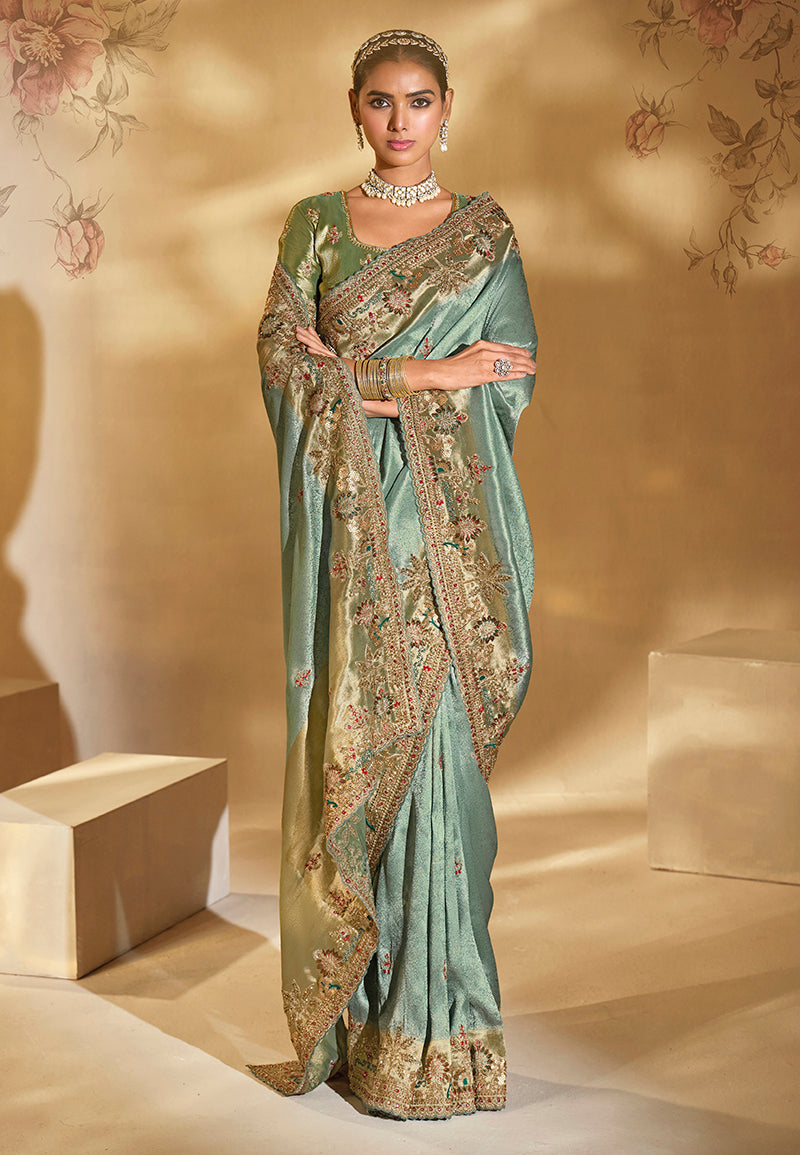 Monjolika Fashion Surpassing Sea Green Embroidery Cut Dana Moti Work Crepe Silk Saree With Heavy Work Blouse Piece - Distacart