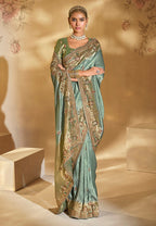 Monjolika Fashion Surpassing Sea Green Embroidery Cut Dana Moti Work Crepe Silk Saree With Heavy Work Blouse Piece - Distacart