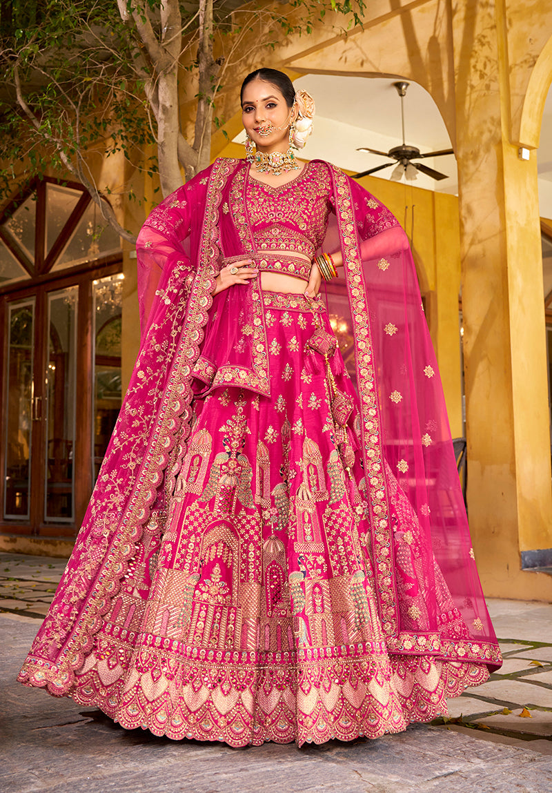 Monjolika Fashion Rani Pink Heavy Zarkan Diamond & Mirror Hand Embroidery Silk Bridal Lehenga Choli With Double Dupatta