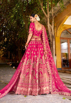 Monjolika Fashion Rani Pink Heavy Zarkan Diamond & Mirror Hand Embroidery Silk Bridal Lehenga Choli With Double Dupatta