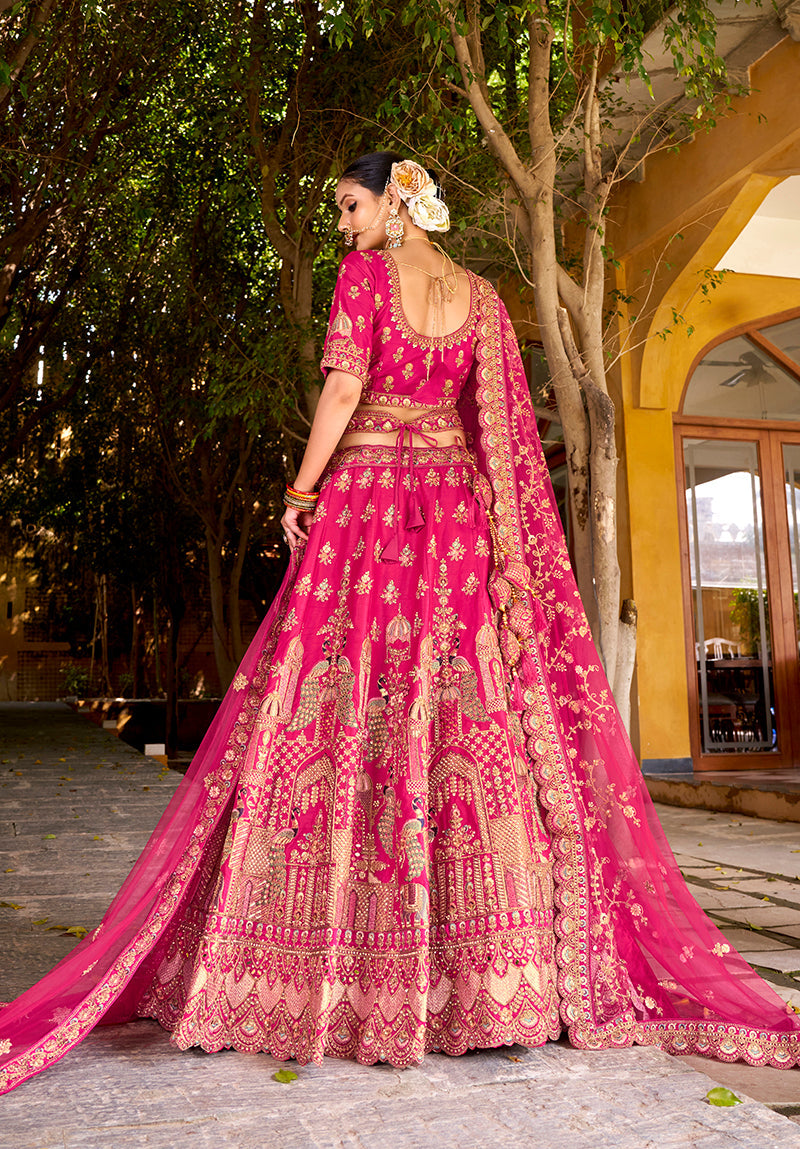 Monjolika Fashion Rani Pink Heavy Zarkan Diamond & Mirror Hand Embroidery Silk Bridal Lehenga Choli With Double Dupatta