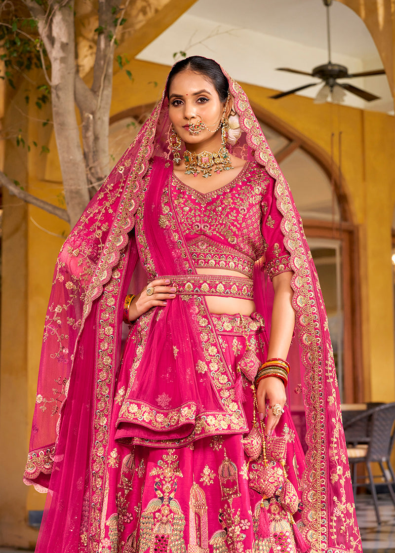 Monjolika Fashion Rani Pink Heavy Zarkan Diamond & Mirror Hand Embroidery Silk Bridal Lehenga Choli With Double Dupatta