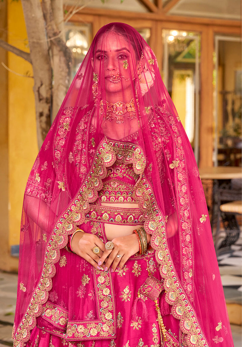 Monjolika Fashion Rani Pink Heavy Zarkan Diamond & Mirror Hand Embroidery Silk Bridal Lehenga Choli With Double Dupatta