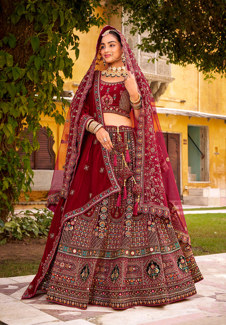Monjolika Fashion Maroon Heavy Zarkan Diamond & Mirror Hand Embroidery Velvet Bridal Lehenga Choli With Double Dupatta