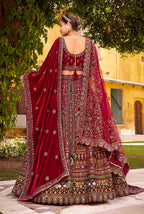 Monjolika Fashion Maroon Heavy Zarkan Diamond & Mirror Hand Embroidery Velvet Bridal Lehenga Choli With Double Dupatta