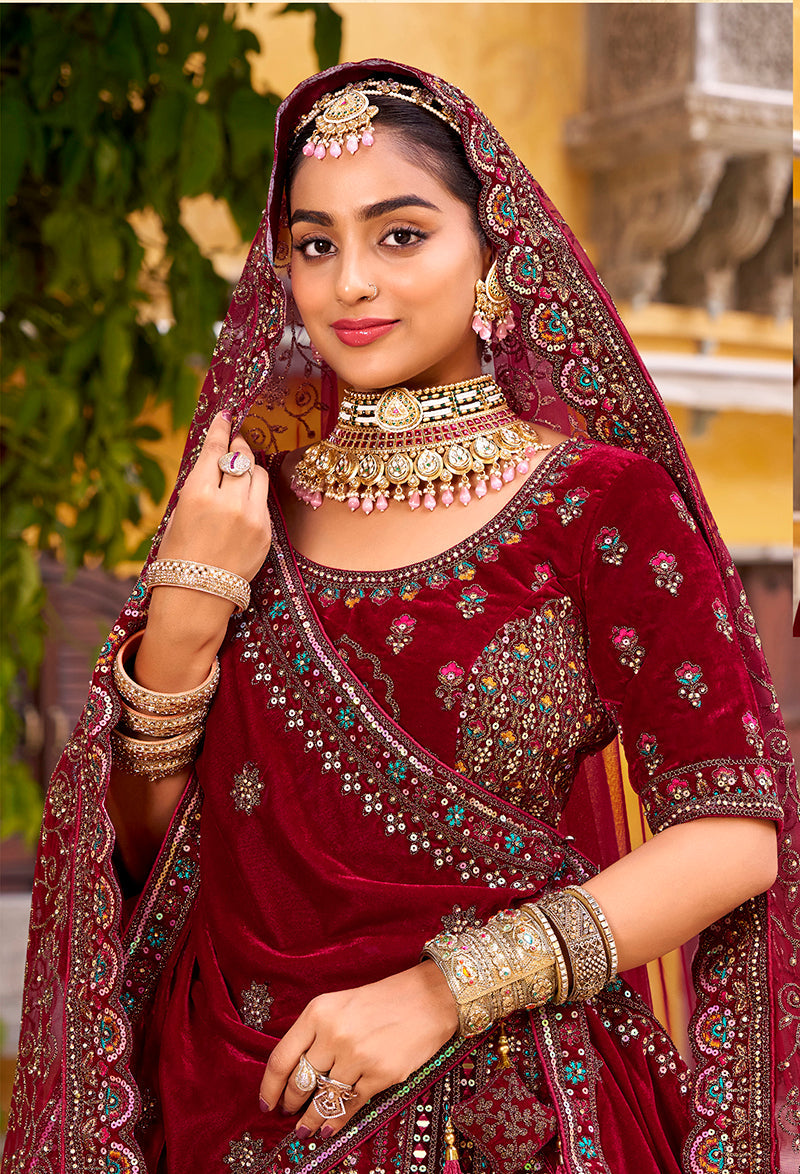Monjolika Fashion Maroon Heavy Zarkan Diamond & Mirror Hand Embroidery Velvet Bridal Lehenga Choli With Double Dupatta