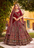 Monjolika Fashion Maroon Heavy Zarkan Diamond & Mirror Hand Embroidery Velvet Bridal Lehenga Choli With Double Dupatta