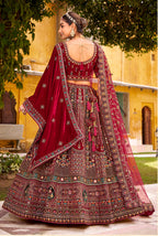 Monjolika Fashion Maroon Heavy Zarkan Diamond & Mirror Hand Embroidery Velvet Bridal Lehenga Choli With Double Dupatta