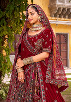 Monjolika Fashion Maroon Heavy Zarkan Diamond & Mirror Hand Embroidery Velvet Bridal Lehenga Choli With Double Dupatta