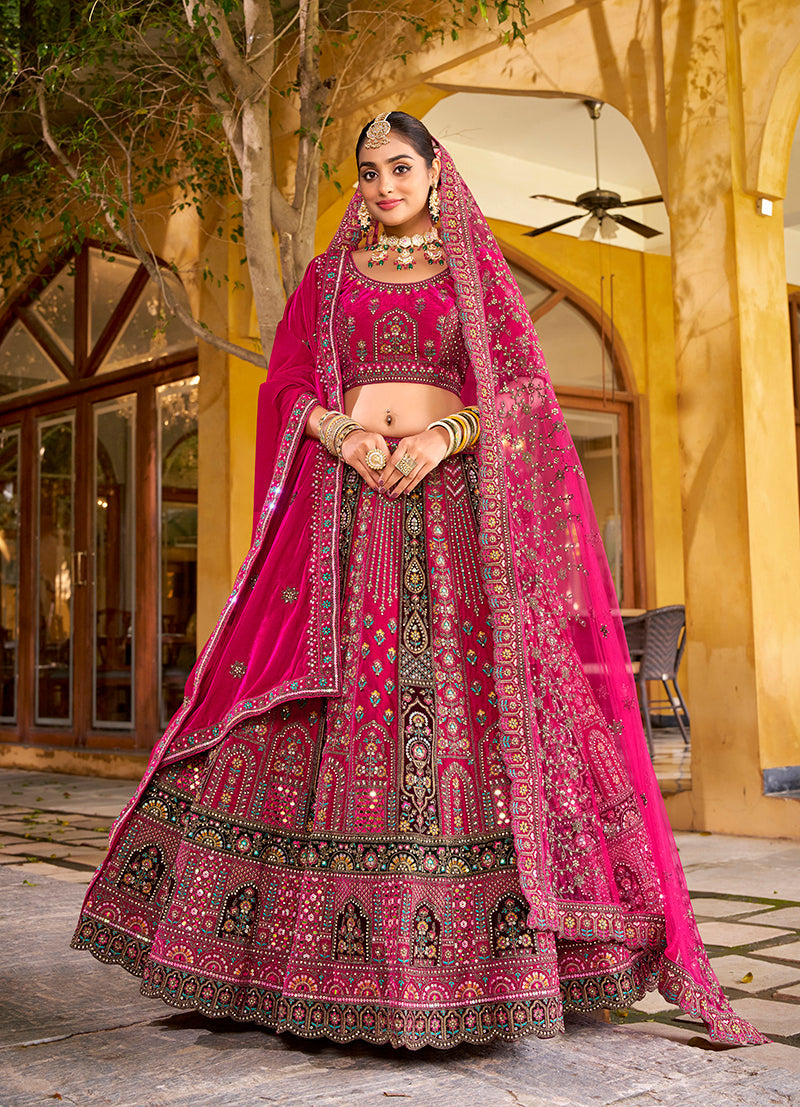 Monjolika Fashion Rani Pink Heavy Zarkan Diamond & Mirror Hand Embroidery Velvet Bridal Lehenga Choli With Double Dupatta