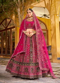 Monjolika Fashion Rani Pink Heavy Zarkan Diamond & Mirror Hand Embroidery Velvet Bridal Lehenga Choli With Double Dupatta