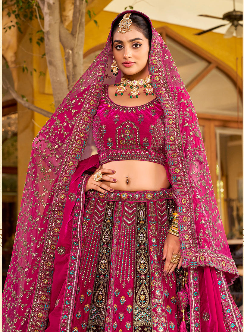 Monjolika Fashion Rani Pink Heavy Zarkan Diamond & Mirror Hand Embroidery Velvet Bridal Lehenga Choli With Double Dupatta