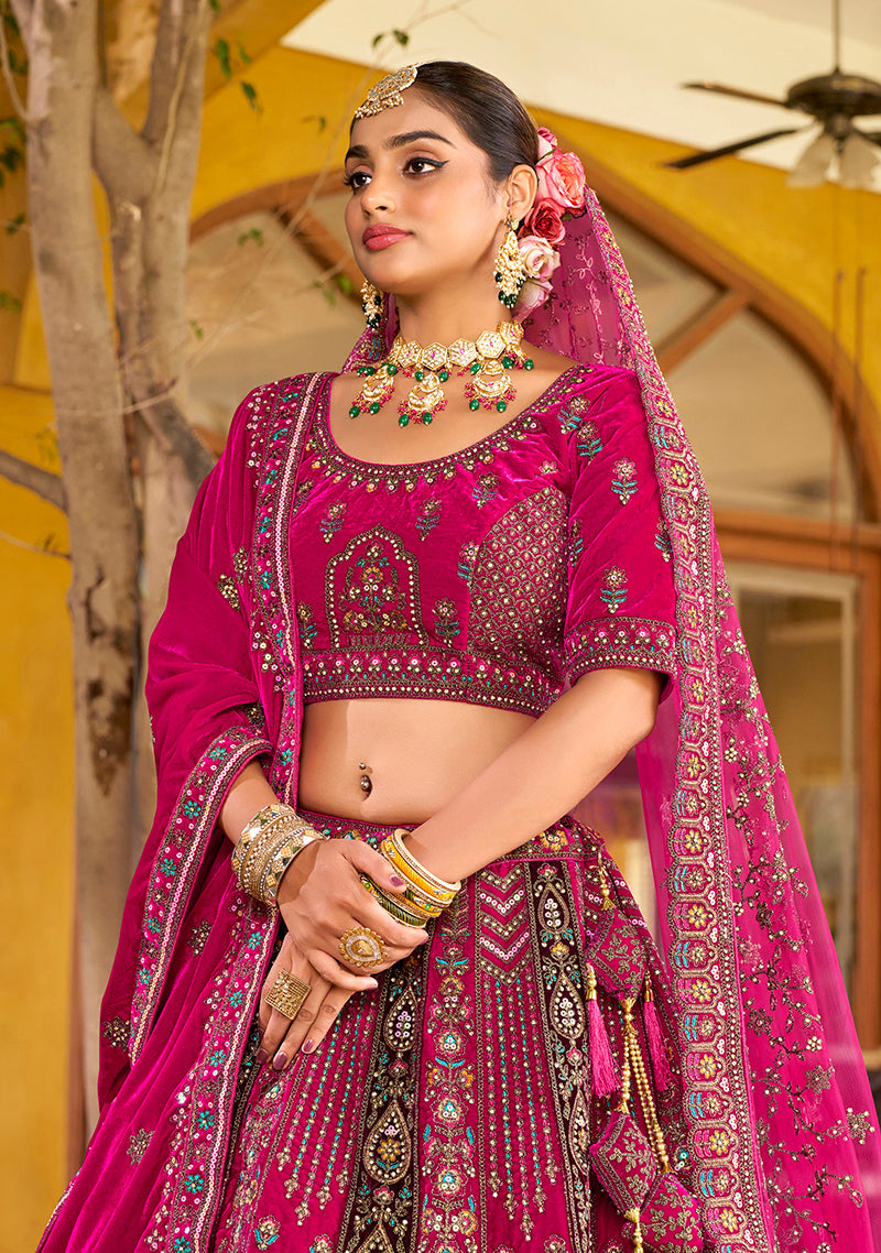 Monjolika Fashion Rani Pink Heavy Zarkan Diamond & Mirror Hand Embroidery Velvet Bridal Lehenga Choli With Double Dupatta