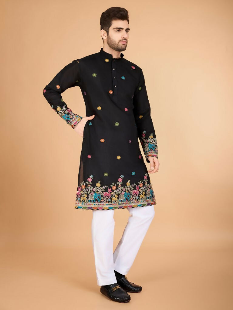 Vastranavya Black Exclusive Festival Wear Viscose Silk Thread & Sequence Embroidered Work Kurta