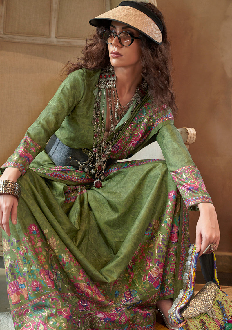 Monjolika Fashion Green Silk Blend Printed Ceremonial Saree - Distacart