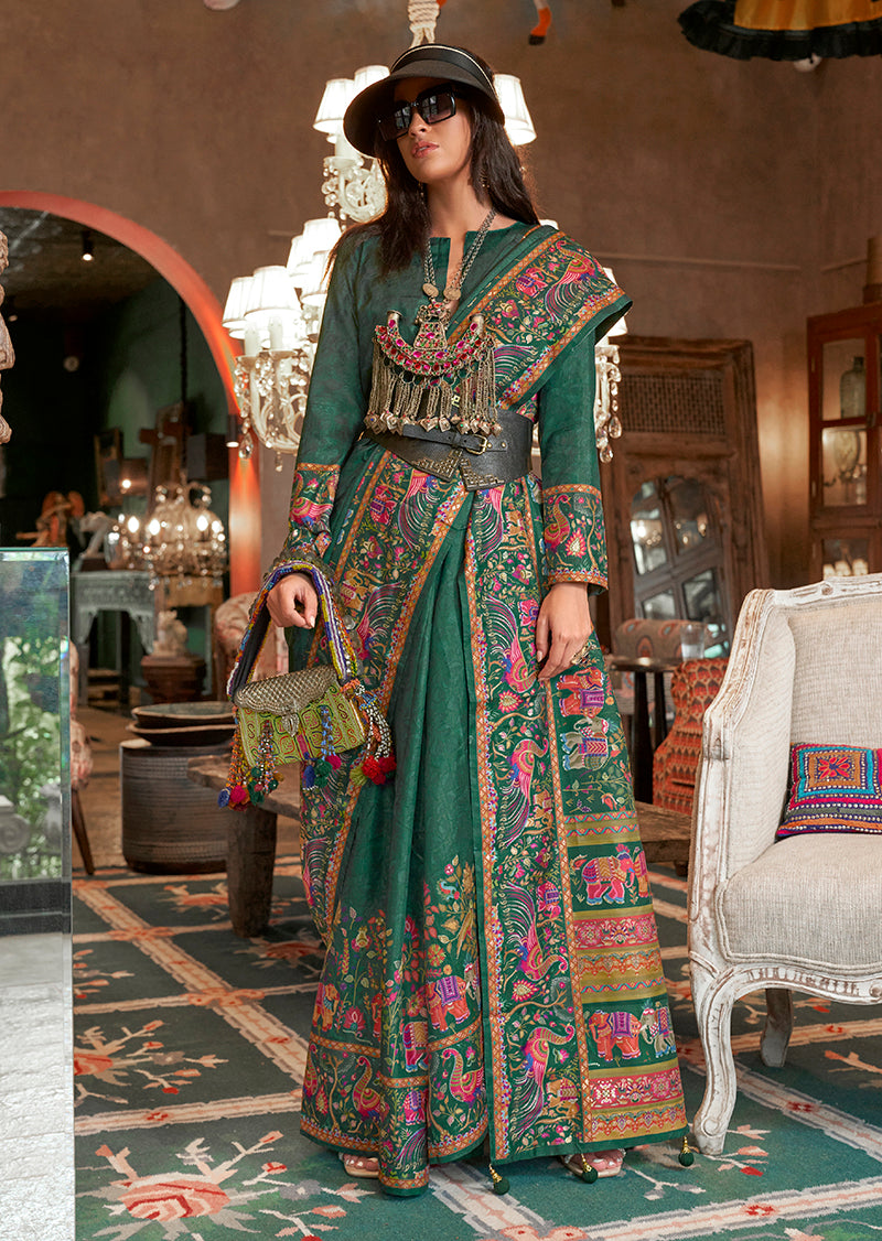 Monjolika Fashion Dark Green Silk Blend Printed Ceremonial Saree - Distacart