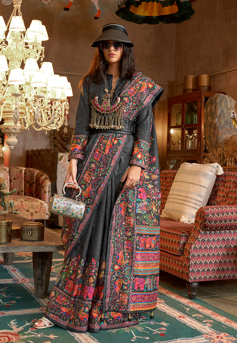 Monjolika Fashion Black Silk Blend Printed Ceremonial Saree - Distacart
