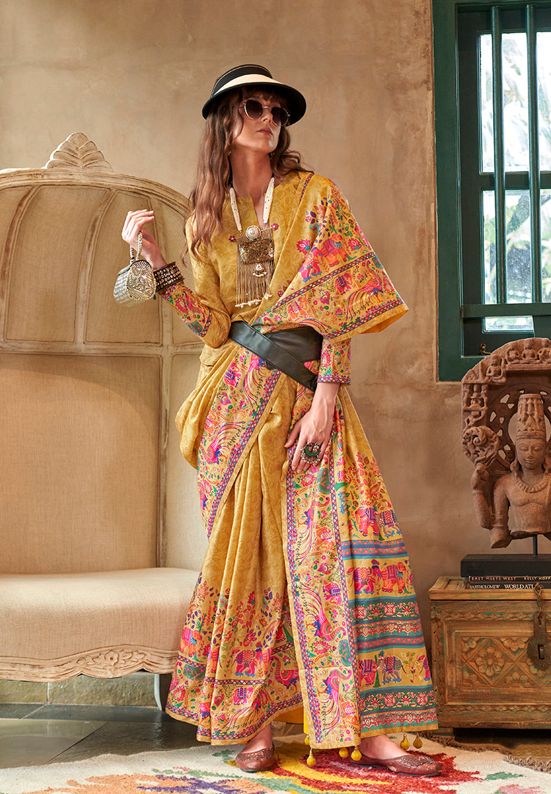 Monjolika Fashion Mustard Silk Blend Printed Ceremonial Saree - Distacart
