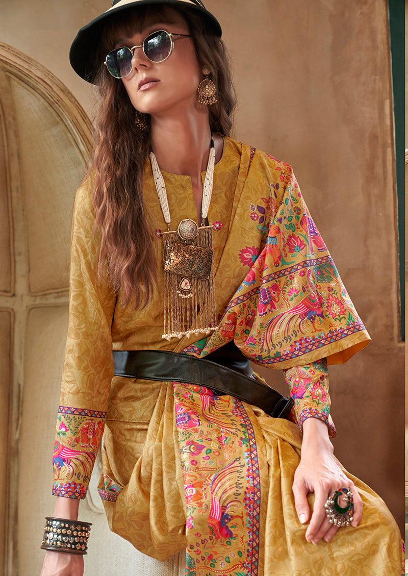 Monjolika Fashion Mustard Silk Blend Printed Ceremonial Saree - Distacart