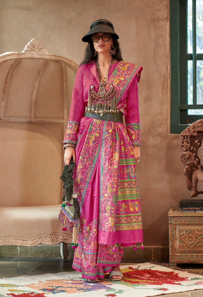 Monjolika Fashion Rani Pink Silk Blend Printed Ceremonial Saree - Distacart