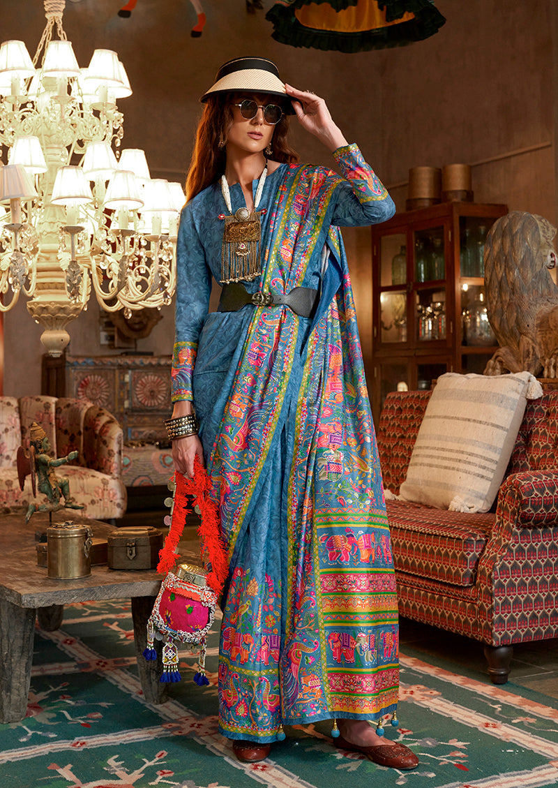 Monjolika Fashion Aqua Blue Silk Blend Printed Ceremonial Saree - Distacart