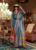 Monjolika Fashion Aqua Blue Silk Blend Printed Ceremonial Saree - Distacart