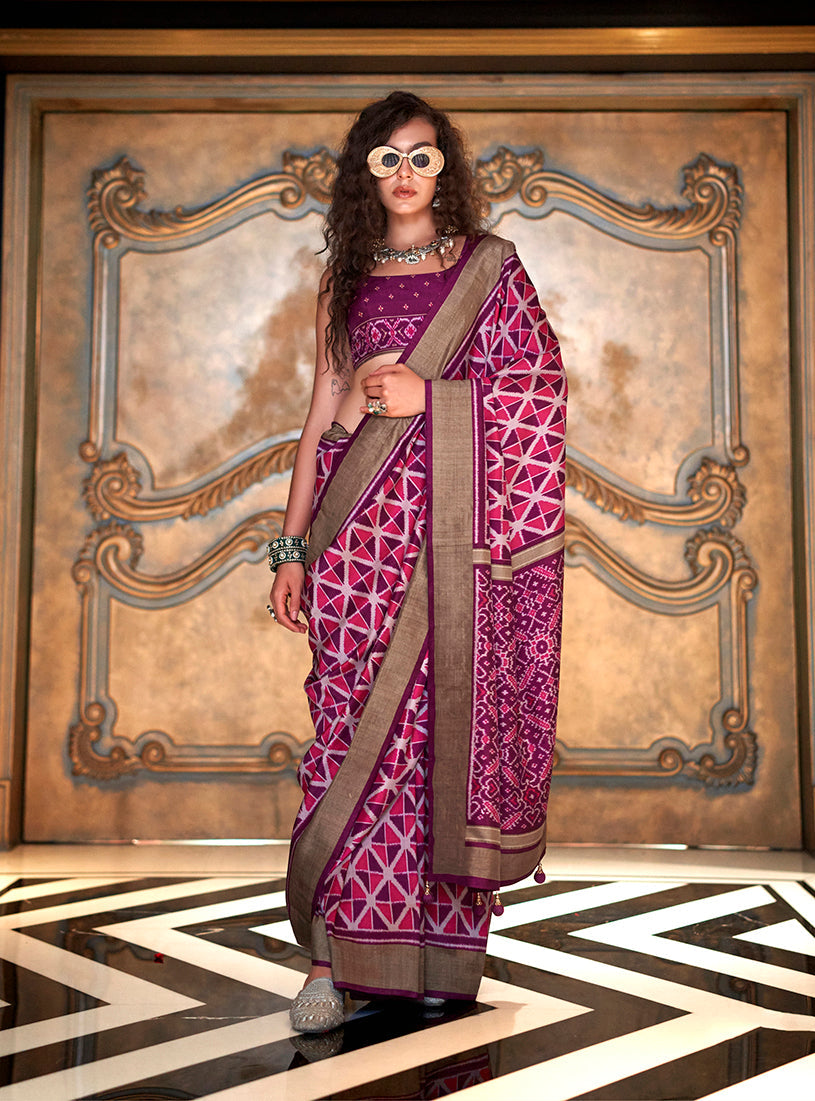 Monjolika Fashion Magenta Double Ikkat Silk Blend Foil Printed Saree - Distacart