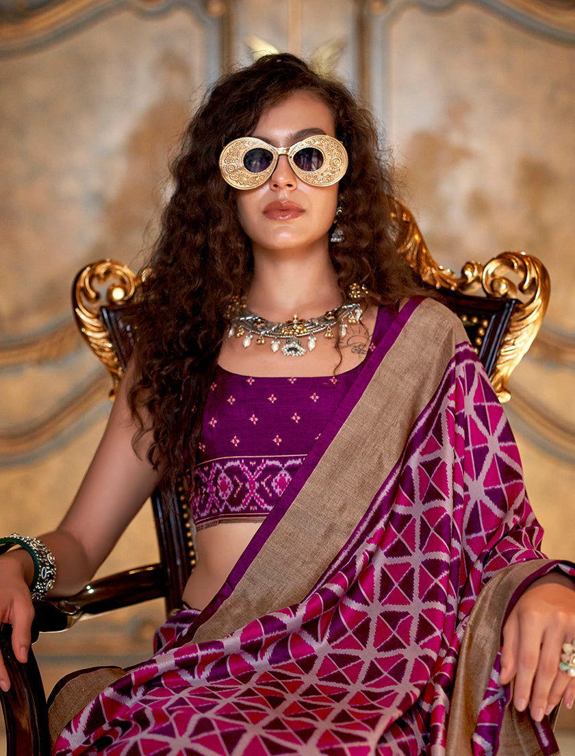 Monjolika Fashion Magenta Double Ikkat Silk Blend Foil Printed Saree - Distacart